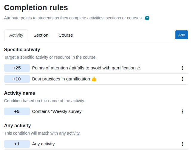 Completion rules screen