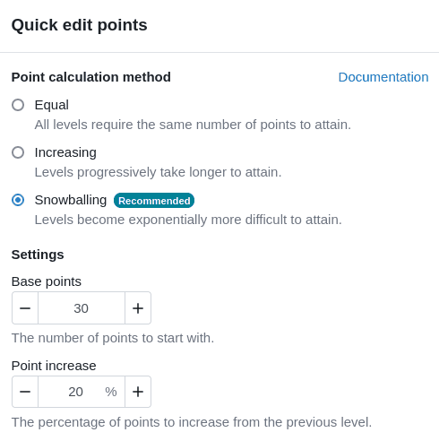The widget to quickly assign points to the levels. Point calculation widget